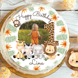 Cake topper with photo fondant birthday child sugar image girl boy lion jungle jungle birthday personalized cake topper