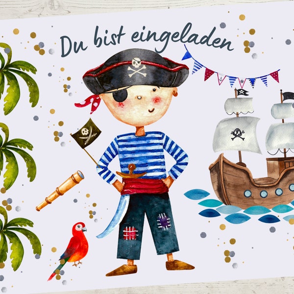8 Einladungskarten für den Kindergeburtstag Drache Pirat Piratenschiff Piratenparty Geburtstag Seeräuber