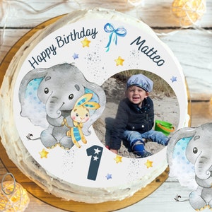 Cake Topper with Photo Fondant Birthday Child Sugar Image Girl Boy Elephant Baby Blue Sweet