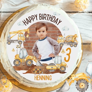 Taarttopper met foto – graafmachine & kraan – gepersonaliseerde suikerafbeelding voor kinderfeestjes – bouwplaatsdecoratie voor jongens