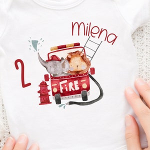 Iron-on picture for colorful fabrics with desired name and age personalized fox birthday shirt fire engine fireman rescue vehicle