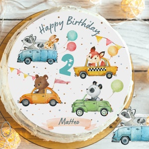 Taarttopper auto & vos – gepersonaliseerde fondant afbeelding – kinderverjaardag – bosdieren en voertuigen – taartafbeelding voor jongens/meisjes