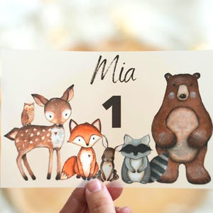 Immagine termoadesiva di animali della foresta con nome e numero – maglietta di compleanno per bambini – per tessuti colorati – volpe, cervo, procione, orso A4 o A5