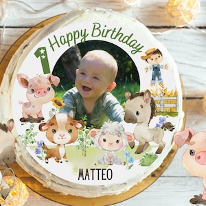 Cake topper with photo fondant birthday child sugar image girl boy farm farm animals farm