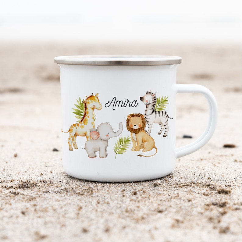 Enamel cup enamel cup personalized with name jungle lion elephant tiger image 1