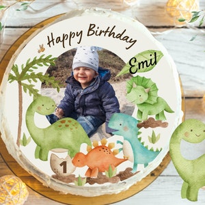 Topper per torta a forma di dinosauro con foto – personalizzato per compleanno bambini – immagine in pasta di zucchero 20 cm – motivo dinosauro festeggiato