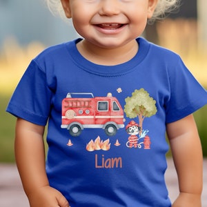 T-Shirt Shirt Short Sleeve with Name Personalized Children&#39;s Shirt Fire Department Fire Engine Dog Fire