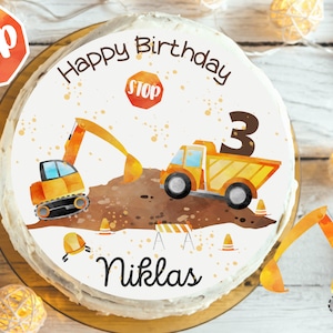 Decorazione per torta a forma di escavatore e camion con cassone ribaltabile – personalizzata con nome – immagine di zucchero per festa di compleanno per bambini – decorazione da cantiere per ragazzi