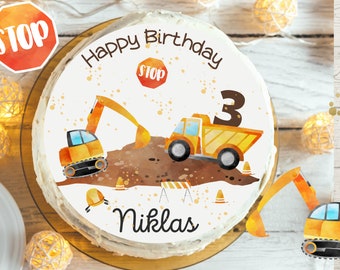 Cake Topper Fondant Birthday Child Sugar Image Boy Girl Wheel Loader Excavator Construction Site