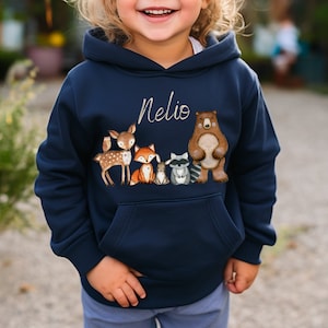 Hoodie personalisiert Kinderpullover Pulli Kapuzenpulli Waldtiere Fuchs Reh Waschbär Eule Bild 1