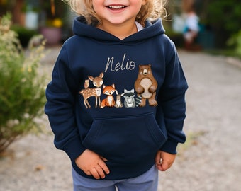 Hoodie personalisiert Kinderpullover Pulli Kapuzenpulli Waldtiere Fuchs Reh Waschbär Eule