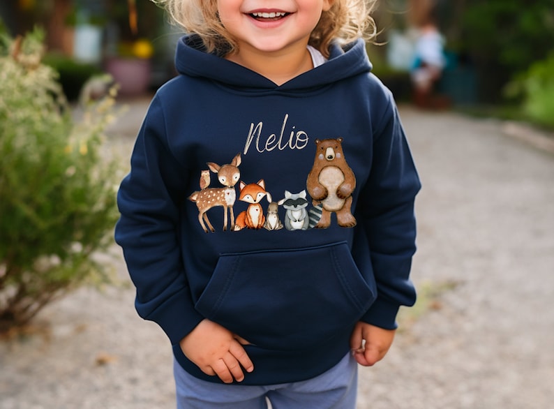 Hoodie personalisiert Kinderpullover Pulli Kapuzenpulli Waldtiere Fuchs Reh Waschbär Eule imagem 1