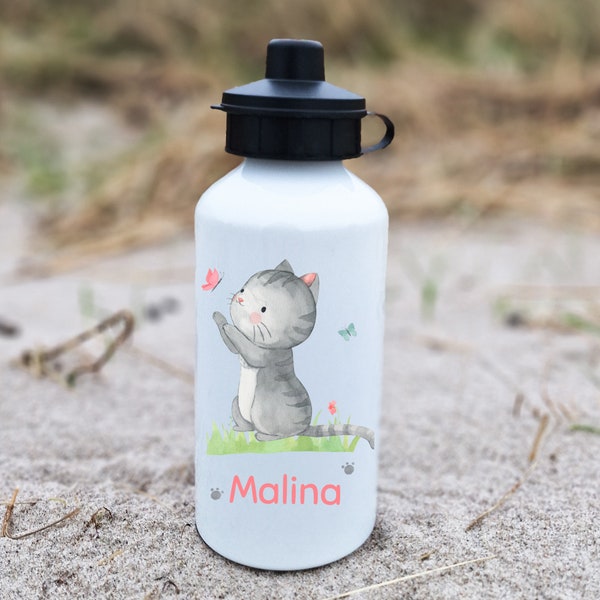 Trinkflasche Wasserflasche personalisiert mit Name Katze Kitten Haustier Schmusekatze Schmetterling