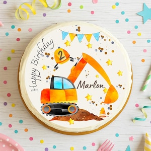 Decorazione per torta a forma di escavatore – personalizzata con nome ed età – immagine in zucchero per il compleanno del bambino – motivo del cantiere edile