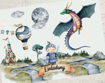 8 Einladungskarten für den Kindergeburtstag Drache Ritter Schloß Drachengeburtstag Dragon Märchen
