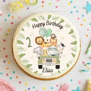 Decorazione per torta safari personalizzata – immagine in pasta di zucchero con nome ed età – leone, elefante, animali della giungla – Wild One