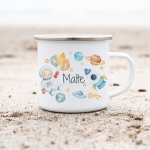 Enamel mug with name personalized astronaut planet space universe spaceship