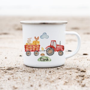 Enamel mug with name personalized tractor farm