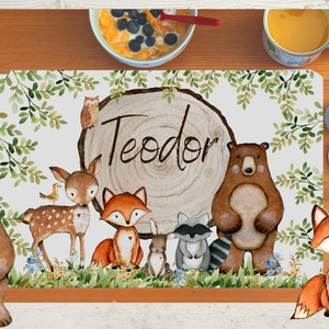 Set de table avec nom enfants garçon fille textile animaux de la forêt renard ours