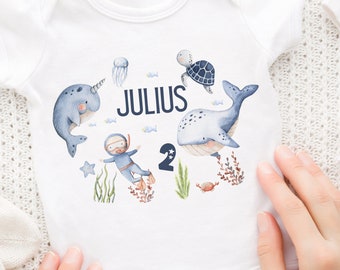 Iron-on image with desired name and age personalized fox birthday shirt whale sea maritime underwater