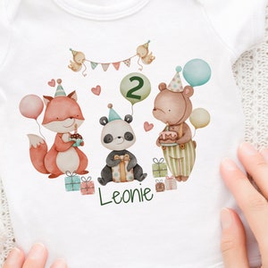 Iron-on picture personalized with desired name and age, forest animals, fox, elephant, panda, rabbit, party animals