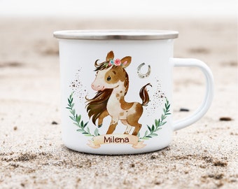 Coppa smaltata tazza smaltata personalizzata con nome cavallo pony cavaliere cavallo ragazza