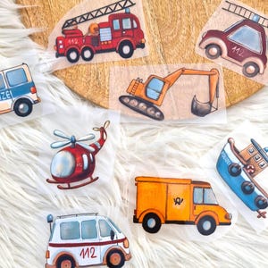 Set di veicoli da stirare – vigili del fuoco, polizia, escavatore, elicottero – per magliette per bambini – impermeabile – facile da usare