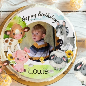Cake Topper with Photo Fondant Birthday Child Sugar Image Girl Boy Farm Farm Animals Tractor