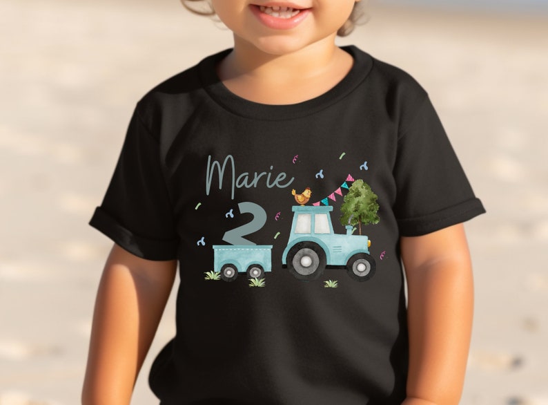 T-shirt chemise anniversaire personnalisé anniversaire enfant garçon fille tracteur tracteur ferme animaux de la ferme turquoise image 3