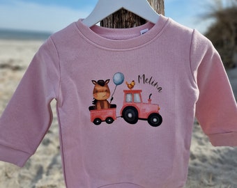 Pullover Sweatshirt Sweater personalisiert Kinderpullover Babypullover Traktor rosa  Bauernhof personalisiert