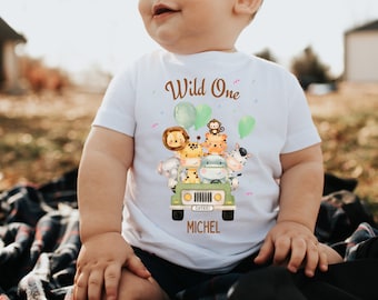 T-Shirt Anniversaire Chemise Personnalisé Anniversaire Enfant Garçon Fille Jungle Animaux Safari Girafe Zèbre Lion Wild One