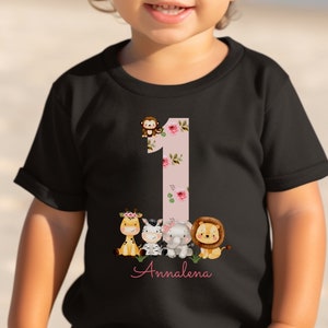 T-Shirt Birthday Shirt Personalized Birthday Child Boy Girl Jungle Animals Safari Giraffe Zebra Lion Wild One Pink