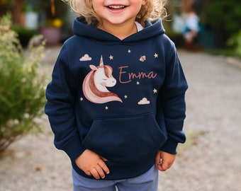 Hoodie personalisiert mit Name Kinderpullover Pulli Kapuzenpulli Regenbogen rosa Boho Einhorn