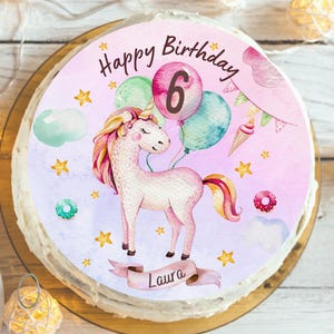 Ozdoba na tort w kształcie jednorożca z imieniem i numerem – obrazek z masy cukrowej dla solenizantki – spersonalizowane balony z tęczowymi, różowymi, brokatowymi balonami