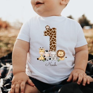 T-Shirt Birthday Shirt Personalized Birthday Child Boy Girl Jungle Animals Safari Giraffe Zebra Lion Wild One image 1