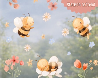 Window picture Bees & Flowers – Spring-like window decoration for children, static cling and reusable