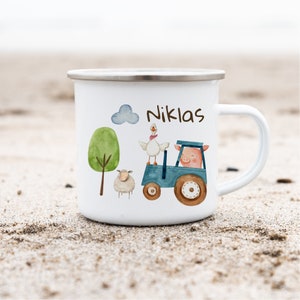 Enamel mug with name personalized tractor farm