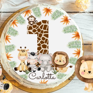 Decorazione per torta personalizzata con animali del safari – Immagine commestibile in pasta di zucchero Ø20 cm con nome ed età – Decorazione per torta giungla per compleanni di bambini