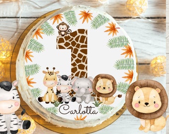 Safari Animals Cake Topper – Sugar Image with Name & Number – Fondant Image for Children’s Birthday Parties 1-6 Years – Jungle Theme Decoration