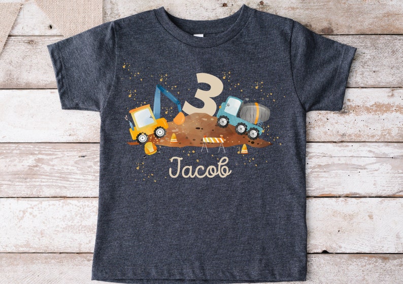 Iron-on picture for colorful fabrics with desired name and age personalized fox birthday shirt excavator construction site construction site vehicles construction worker image 1