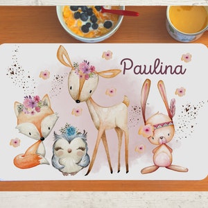 Set de table avec nom enfants garçon fille textile animaux de la forêt ours cerf lapin