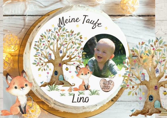 Tortenaufleger Taufe mit Foto – Lebensbaum & Waldtiere – personalisiert – Zuckerbild Mädchen Junge – Fondantbild Deko Taufkuchen
