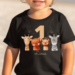 T-Shirt Geburtstagsshirt personalisiert Geburtstagskind Junge Mädchen Dschungeltiere Safari Giraffe Zebra Löwe Bild 4