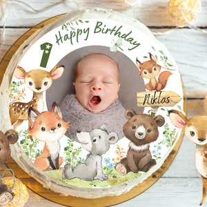 Topper per torta con foto di animali della foresta – personalizzato con nome e immagine – immagine di compleanno per bambini in pasta di zucchero – immagine di cervo, volpe, orso