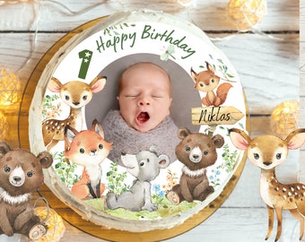 Cake topper with photo fondant birthday child sugar image girl boy fox deer bear forest animals forest animal birthday autumn