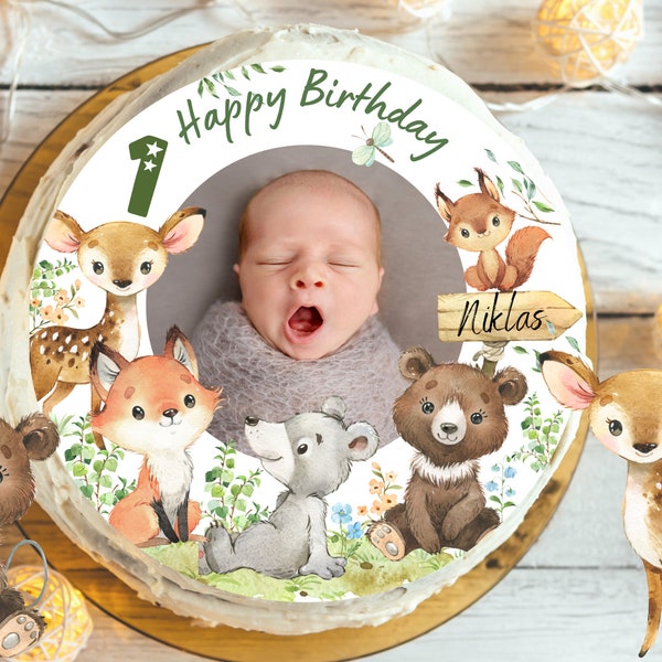 Cake topper with photo fondant birthday child sugar image girl boy fox deer bear forest animals forest animal birthday autumn