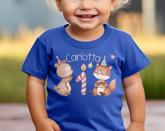 T-Shirt Geburtstagsshirt personalisiert  Geburtstagskind Junge Mädchen Waldtiere Geburtstagskerze Fuchs