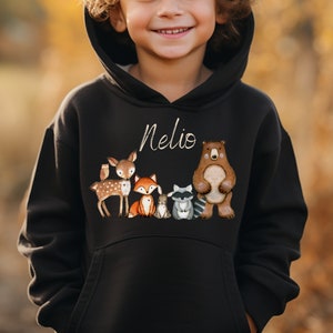 Hoodie personalisiert Kinderpullover Pulli Kapuzenpulli Waldtiere Fuchs Reh Waschbär Eule Bild 2