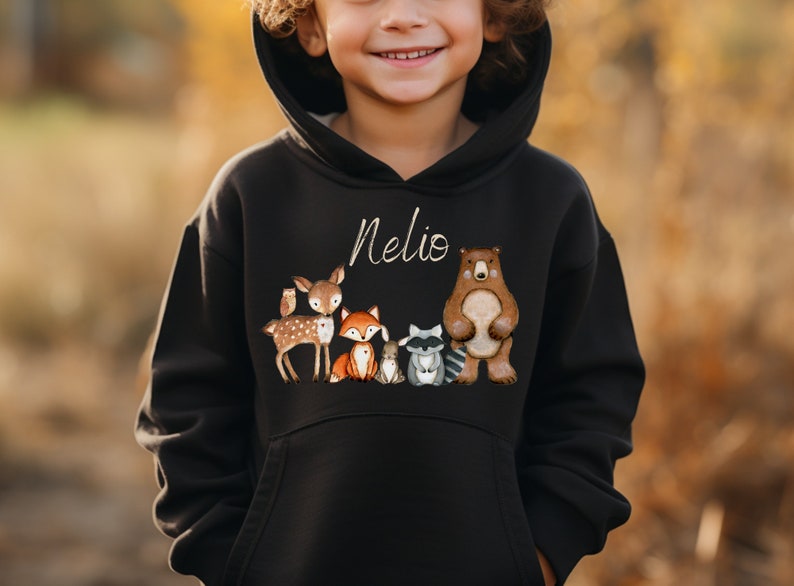 Sudadera con capucha personalizada para niños sudadera con capucha animales del bosque zorro ciervo mapache búho imagen 2
