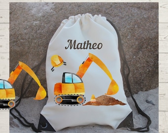 Sports bag gym bag personalized with name excavator construction site wheel loader